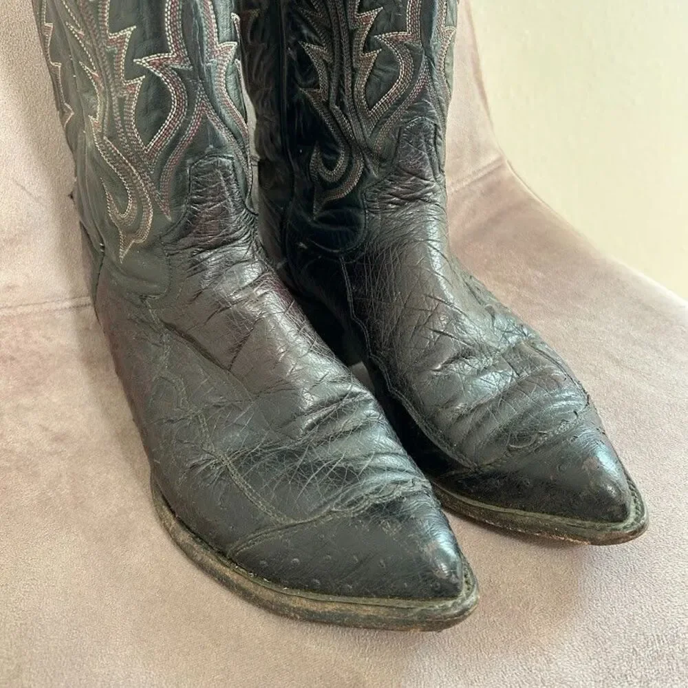 Vintage Men's Tony Lama Black Ostrich Leg Cowboy Boots J-Toe Size 9 Black Red